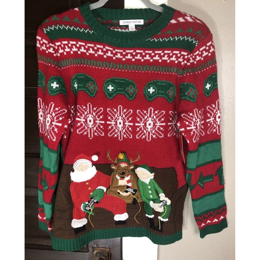 Celebrate Together Ugly Christmas Sweater Women’s￼ Size Large Santa elf reindeer